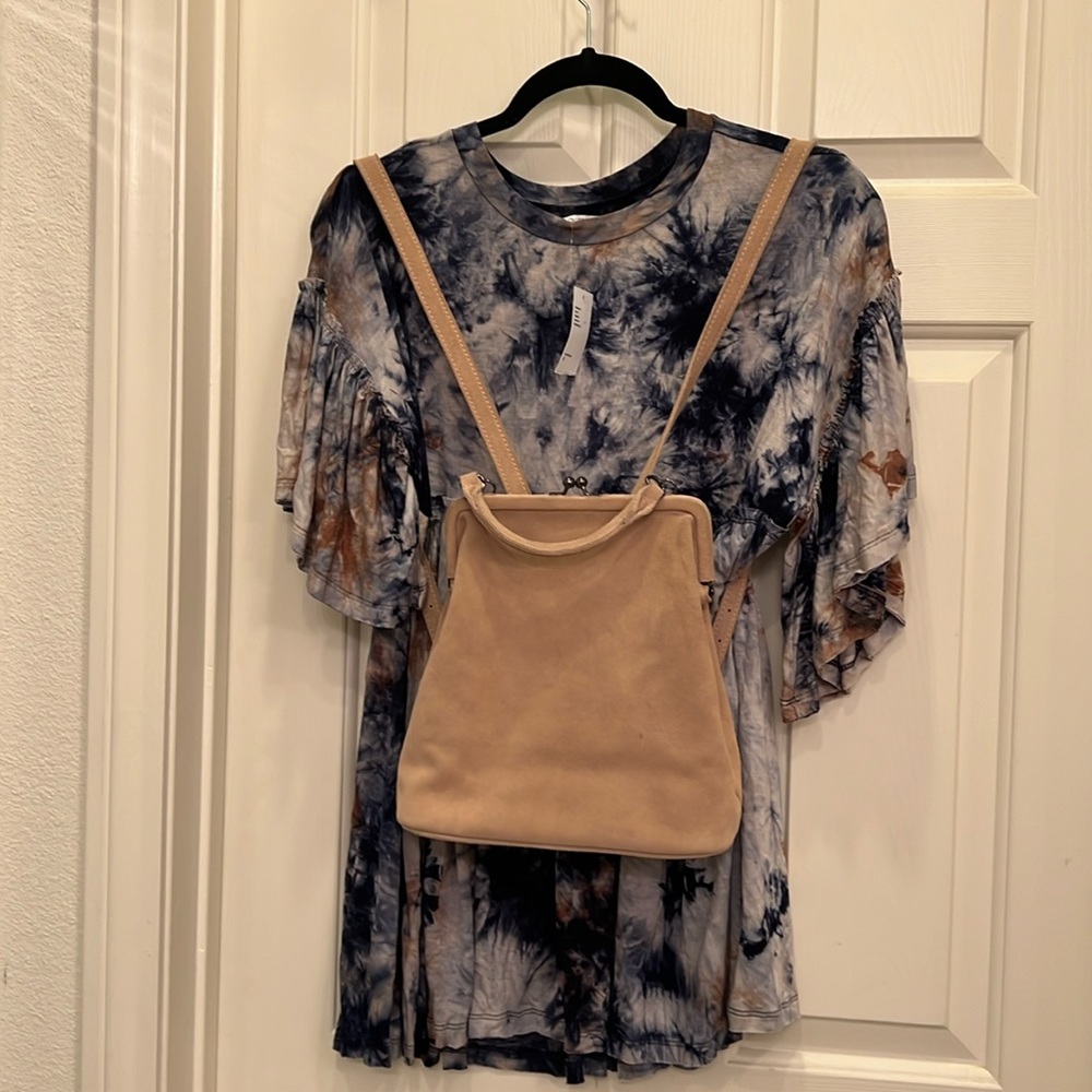 Urban outfitters Baza ruffle mini dress size small, selling suede backpack
